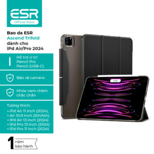 Bao da cho iPad Pro/Air 2024 ESR Ascend Trifold màu đen, 2 chế độ xem, khóa nam châm chắc chắn