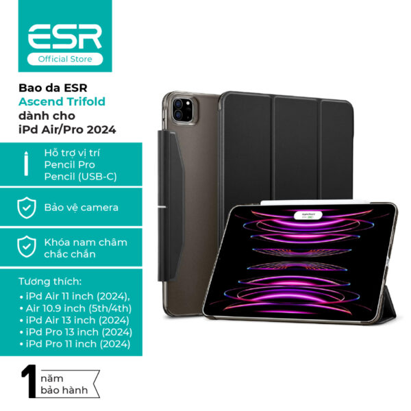 Bao da cho iPad Pro/Air 2024 ESR Ascend Trifold màu đen, 2 chế độ xem, khóa nam châm chắc chắn