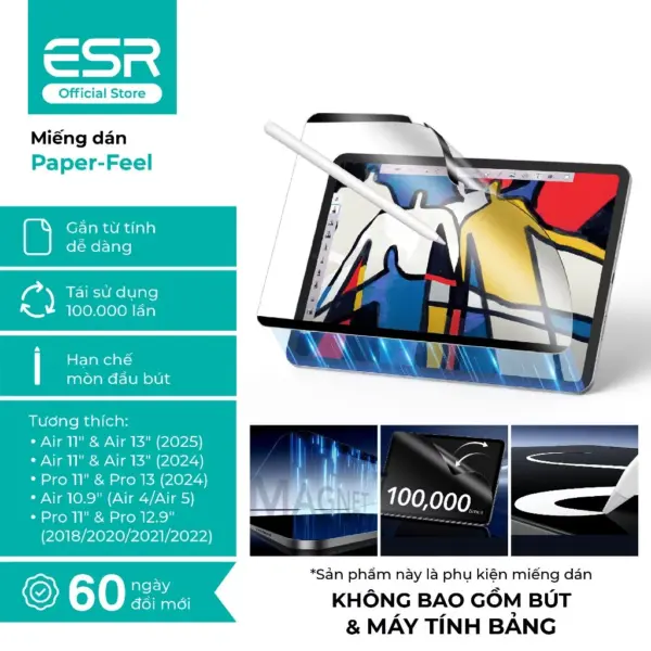 [Paperlike Nam Châm] Miếng dán ESR Paper-Feel Magnetic iPad Pro11 (2024), Pro 13 (2024), Pro 12.9 (2018/2020/2021/2022)