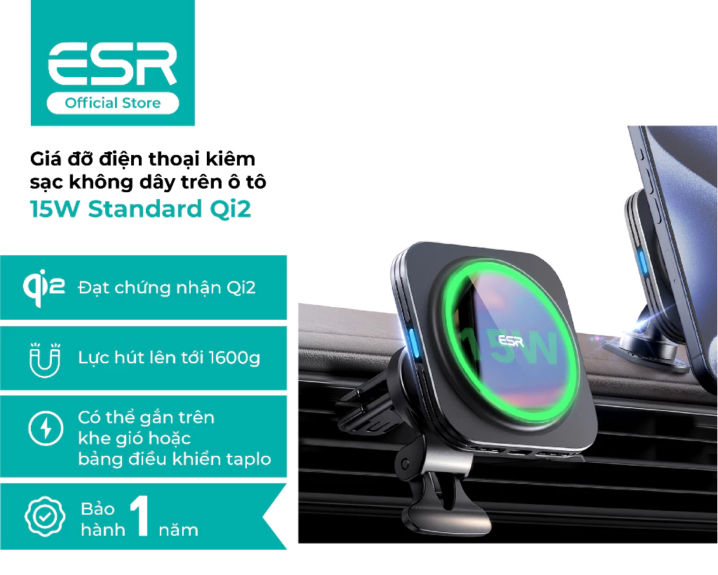 Giá đỡ điện thoại ESR kiêm sạc không dây trên ô tô 15W Standard Qi2 – 2C522E màu đen
