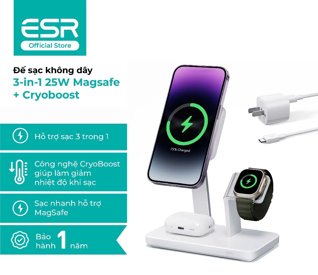 Đế sạc không dây ESR 3-in-1 25W Magsafe + Cryoboost – 2C571 màu trắng
