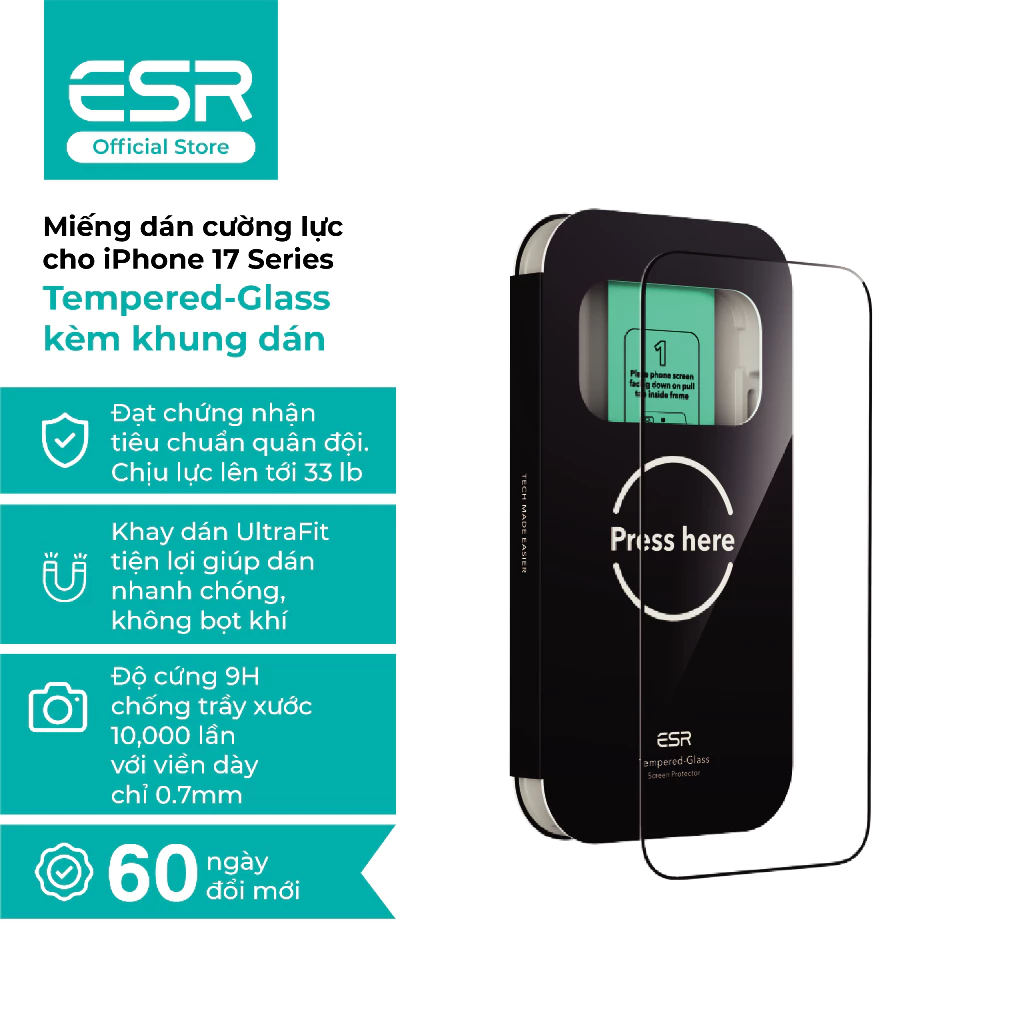 Miếng dán cường lực ESR Tempered-Glass cho iP 17 1D878 loại 1 miếng