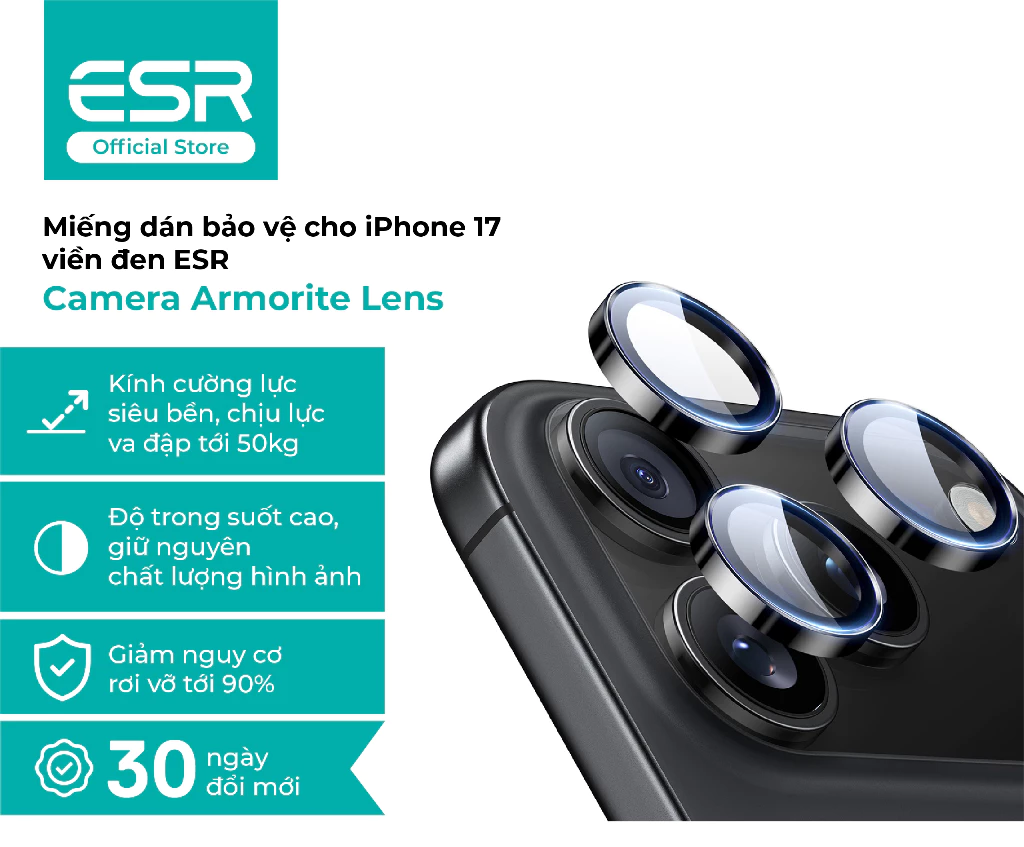 Miếng dán kính cường lực ESR bảo vệ Camera Armorite cho iPhone 14–17 Pro/Pro Max – chống trầy, chống vỡ