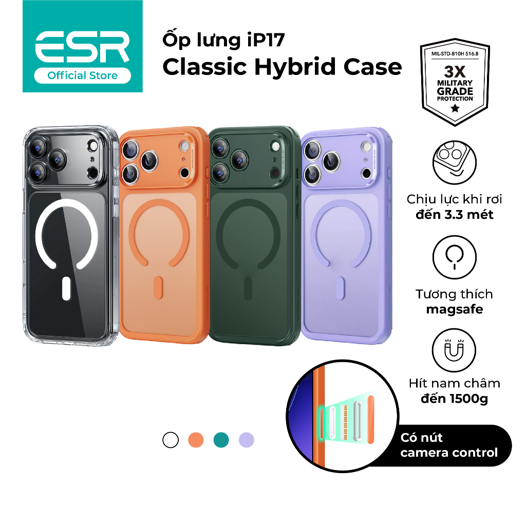 Ốp lưng ESR Classic Hybrid Case HaloLock dành cho iP17 series đạt chứng nhận bảo vệ quận đội