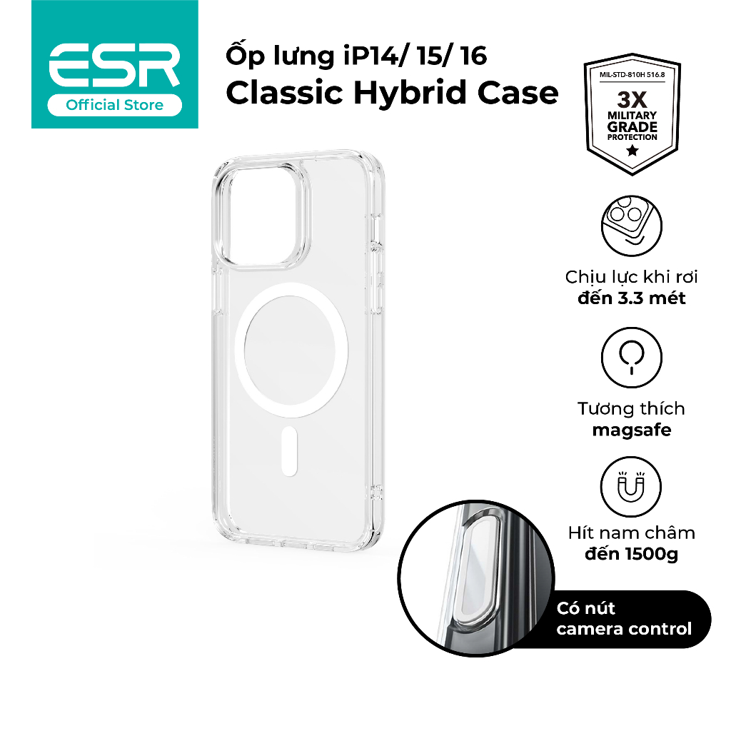 Ốp lưng điện thoại mỏng nhẹ ESR Classic Hybrid Case HaloLock cho iP 16 series trong suốt
