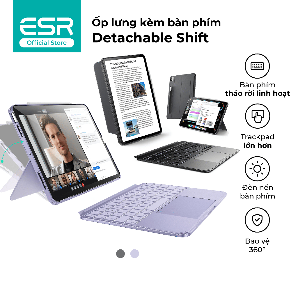 Ốp lưng kèm bàn phím ESR Detachable Shift dành cho iPad Air 4/5/6/7/8 & Gen 11/A16/10 tháo rời linh hoạt