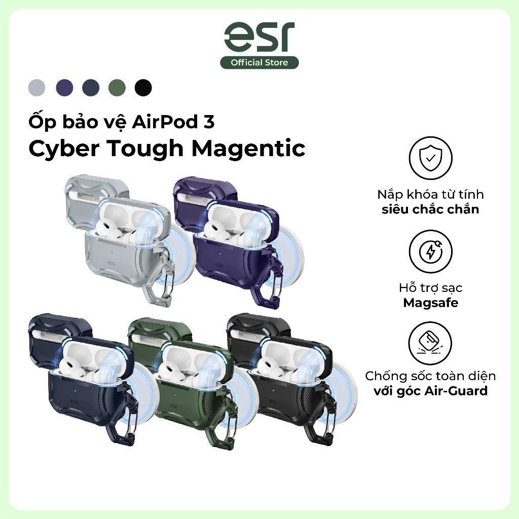 Ốp AirPods Pro 3 ESR Cyber Tough Magentic Chống sốc toàn diện, Sạc không dây, Khóa từ tính