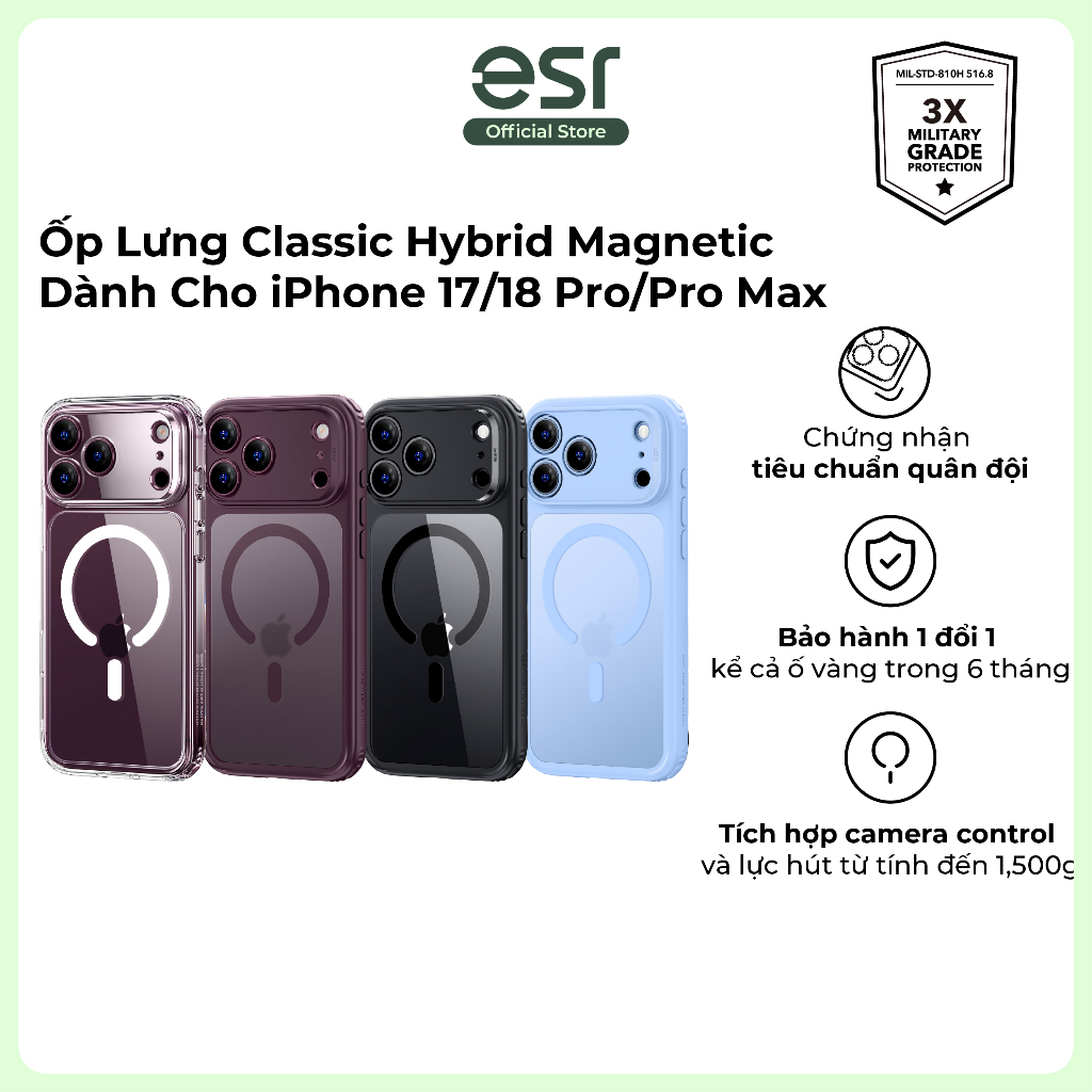 Ốp lưng ESR Classic Hybrid Magnetic Bảo vệ toàn diện dành cho iP 17 Pro/17 Promax/18 Pro/18 Promax