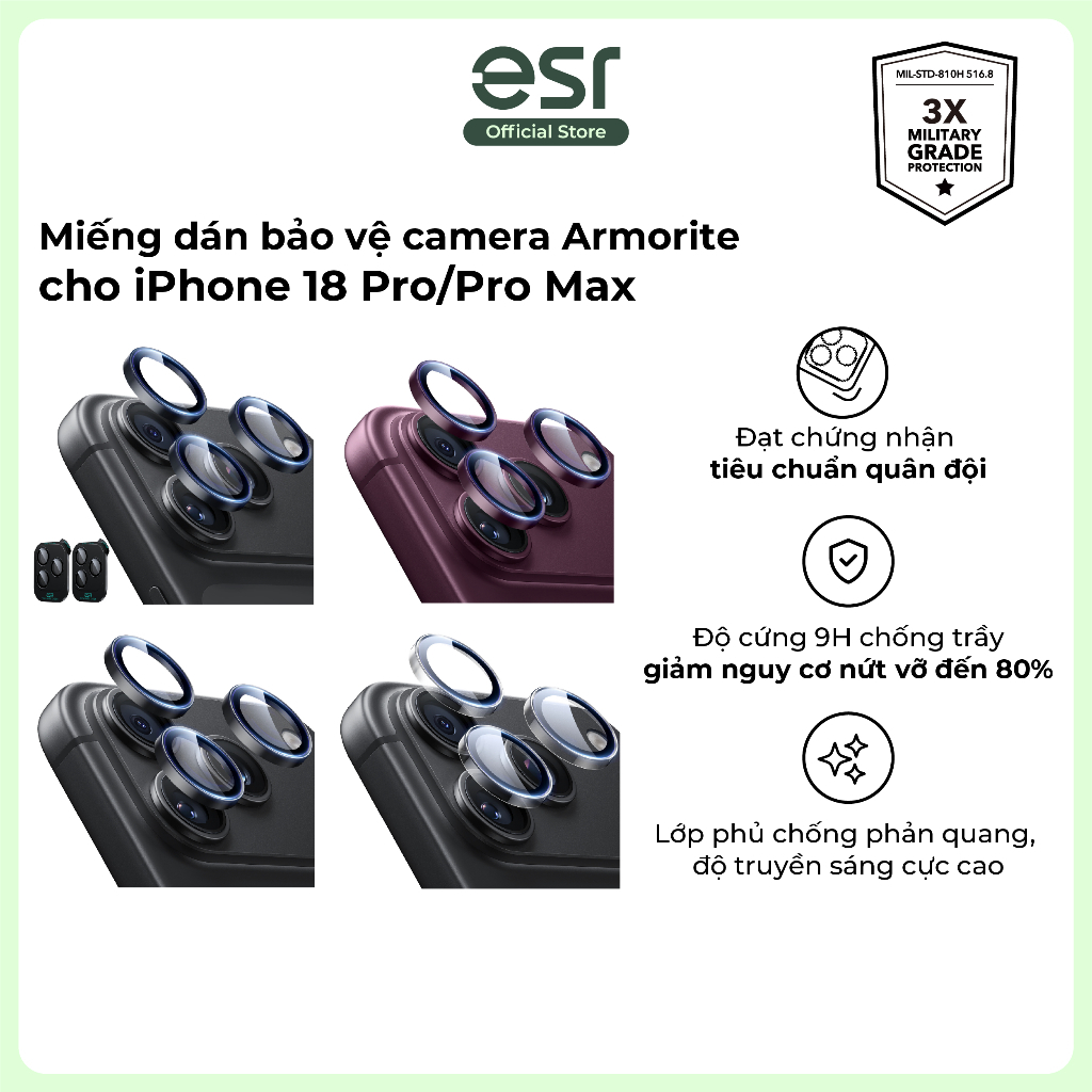 Miếng dán bảo vệ camera ESR Armorite độ cứng 9H chống trầy, viền nhỏ dành cho iP18 Pro/Pro Max