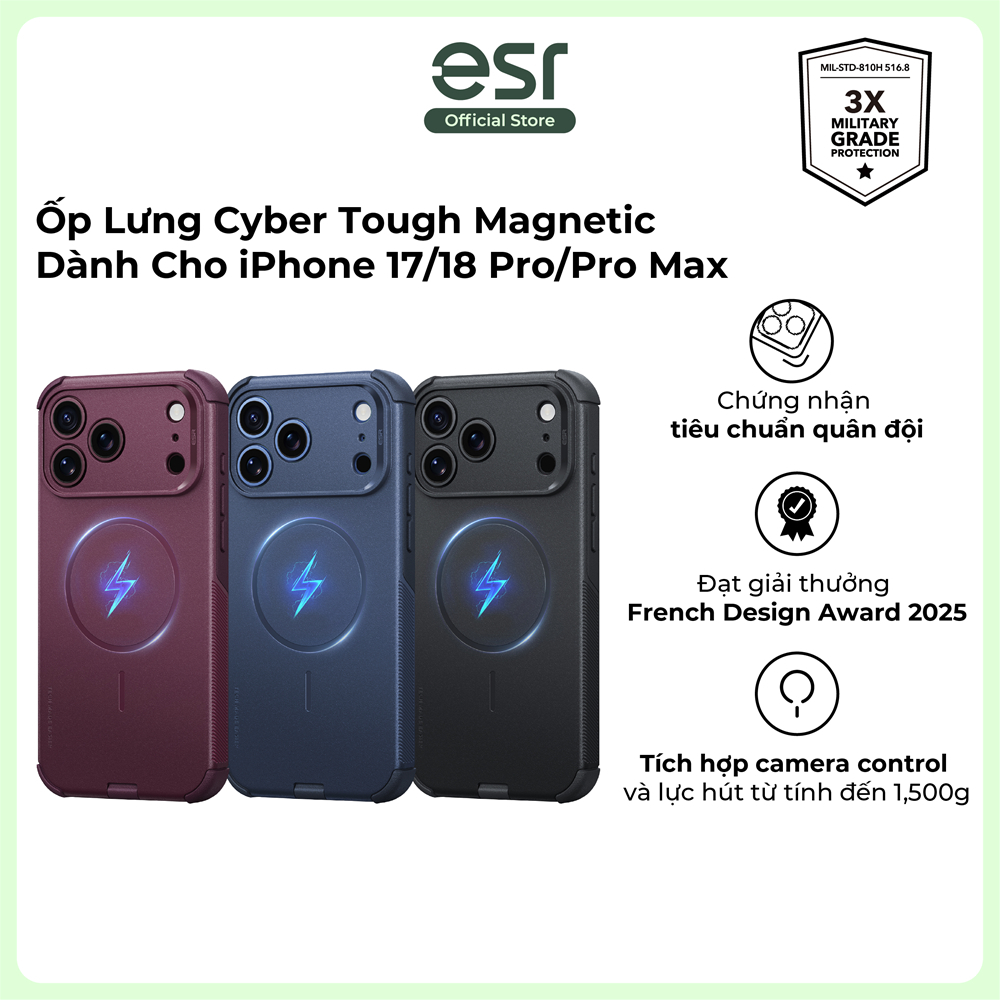 Ốp lưng ESR Cyber Tough Magnetic Chống va đập gấp 7 lần cho iP17 Pro/ 18 Pro/ 17 Promax/ 18 Promax